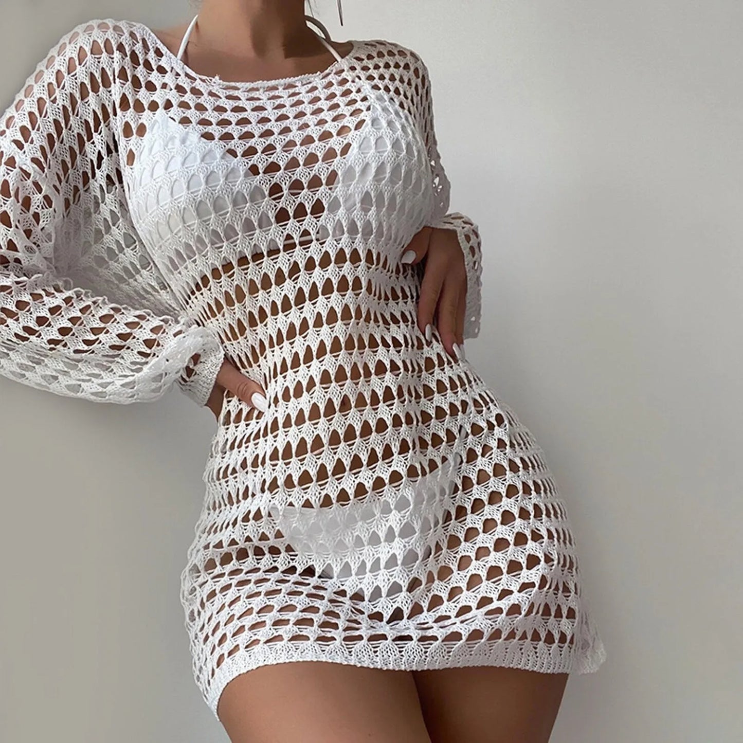 Women Sexy Fishnet Cover up without Bikini Hollow Out See through Loose Fit Dress Beachwear Summer Solid Women'S Beach Cover