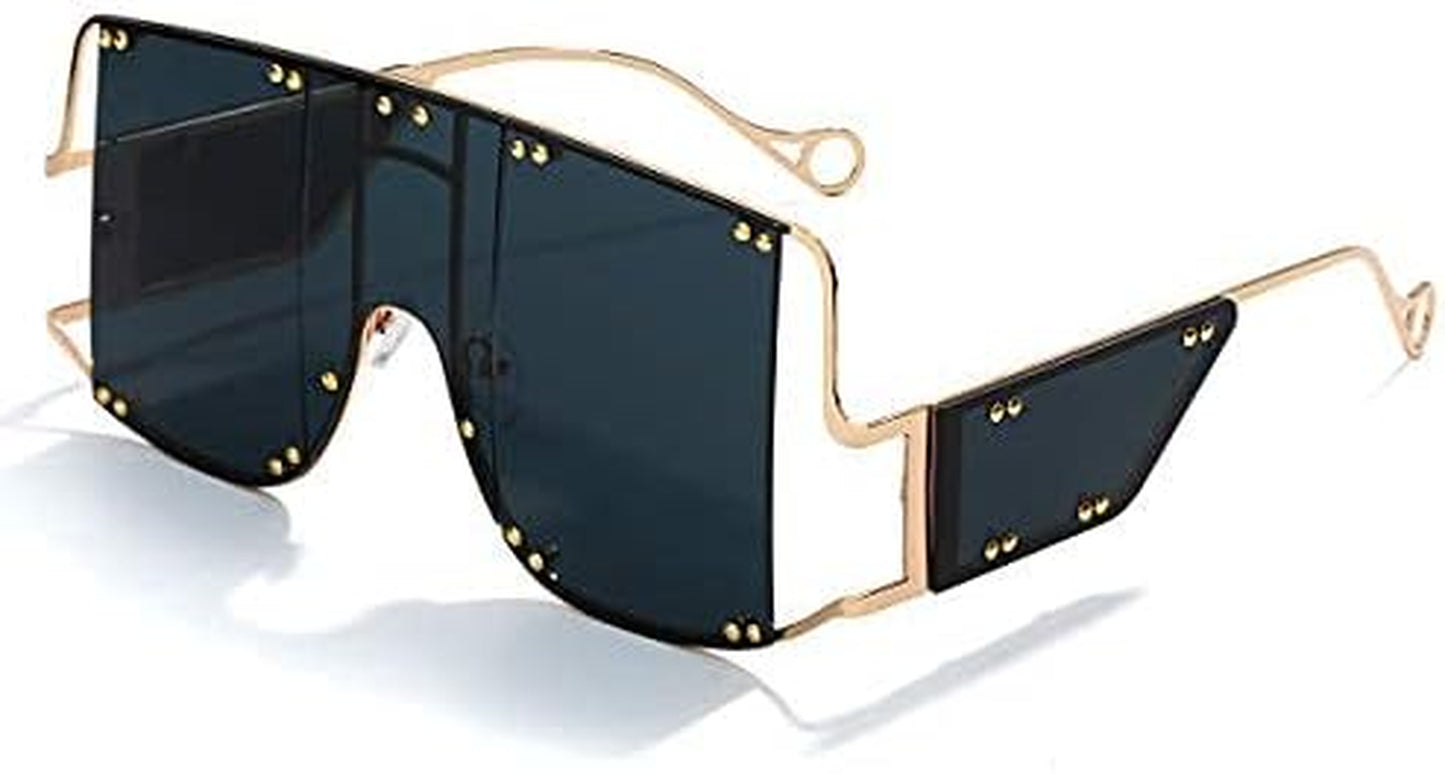 Oversized Fashion Square Sunglasses Women New Mirror Men Shades Glasses Luxury Metal Rivet Trend Unique Female Eyewear Black