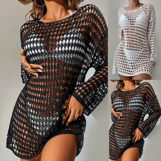 Women Sexy Fishnet Cover up without Bikini Hollow Out See through Loose Fit Dress Beachwear Summer Solid Women'S Beach Cover