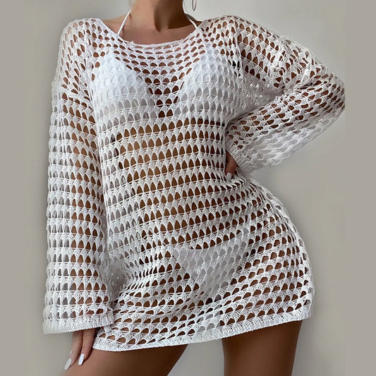 Women Sexy Fishnet Cover up without Bikini Hollow Out See through Loose Fit Dress Beachwear Summer Solid Women'S Beach Cover