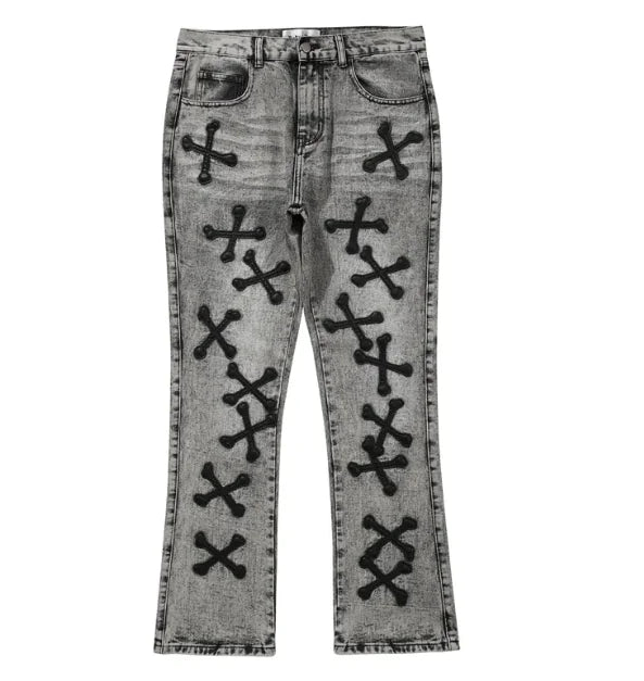 High Street Cross-Bone Patch Washed Gray Slim-Fit Jeans