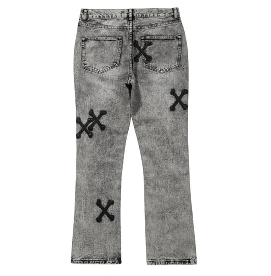 High Street Cross-Bone Patch Washed Gray Slim-Fit Jeans